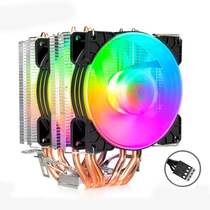 Процесорен охладител, YANX, двоен вентилатор на процесора с RGB, 6 топлинни тръби, 4 PIN, съвместим Intel/AMD, многоцветен