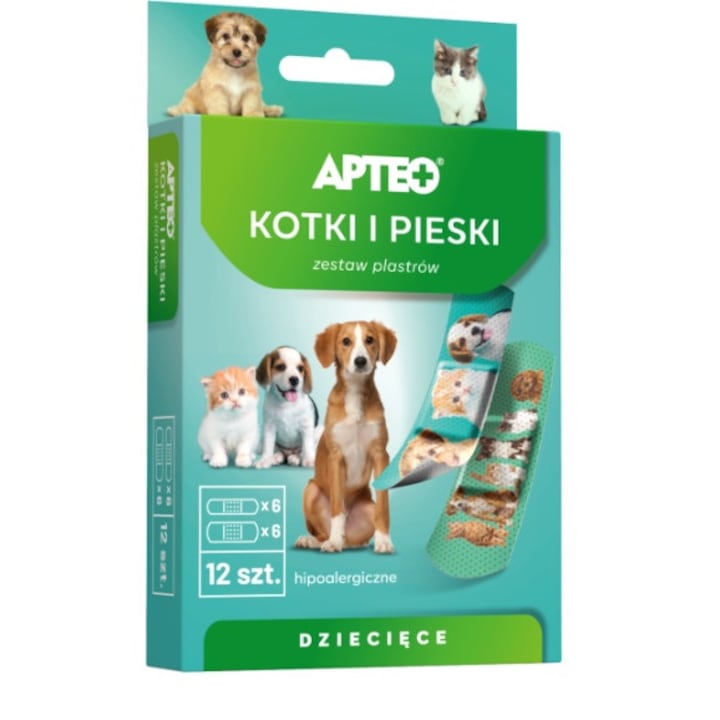 Комплект от 12 лепенки за деца, APTEO, Модели-кучета/котки, 72 mm x 19 mm, 72 mm x 25 mm, Многоцветни