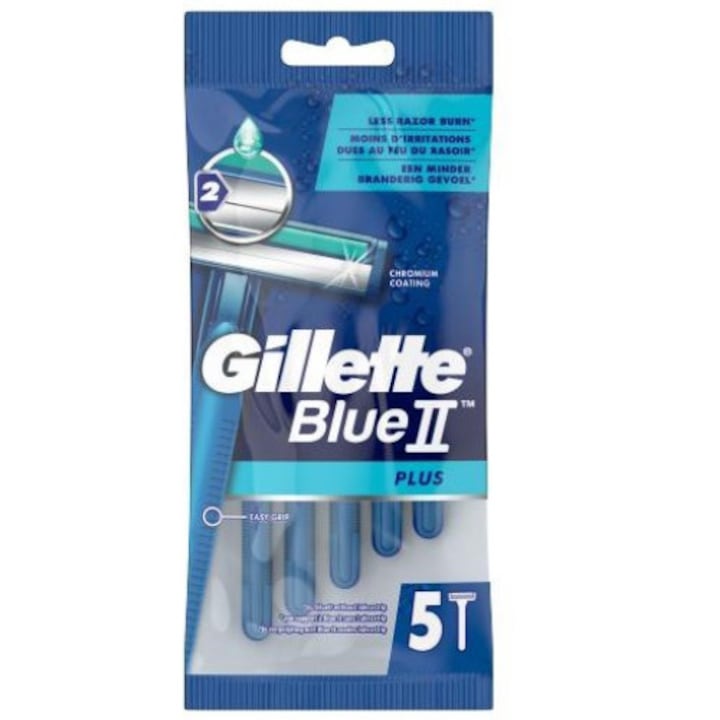 Комплект от 5 самобръсначки за еднократна употреба, Gillette, Blue II Plus, 2 ножчета, Blue