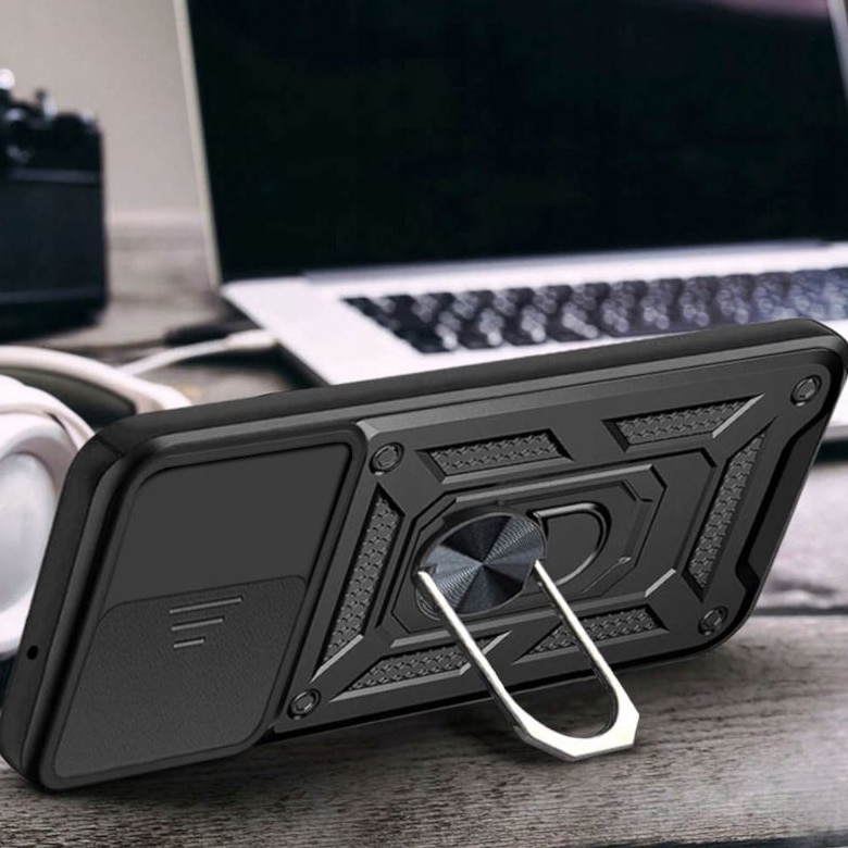 Husa pentru Xiaomi Redmi Note 12 Pro+ 5G Premium Hybrid Armor Kickstand, Slider Camera, Antisoc, Protectie Superioara, Negru