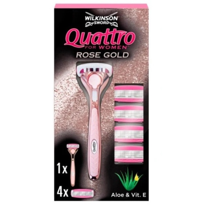 Комплект класическа самобръсначка и 4 резервни, Wilkinson, Sword Quattro Rose Gold, Pink