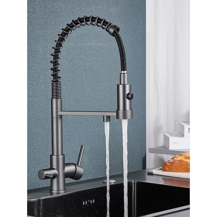 Пакет Кухненски смесител с 3 функции Ari Solid Spring + Филтър RO Pad, Графит
