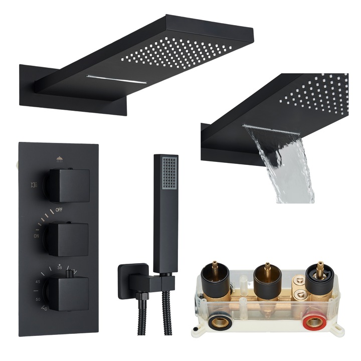 Set de dus subtire cu termostat, Ari, negru, 55x22cm, din inox si alama