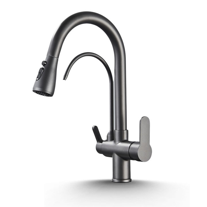 3 utas konyhai csaptelep, rugalmas kifolyóval, kihúzható zuhanyfejjel, kiegészítő kifolyóval vízszűrőhöz, 360°-ban forgatható, sárgaréz, grafit, antracit, sötétszürke