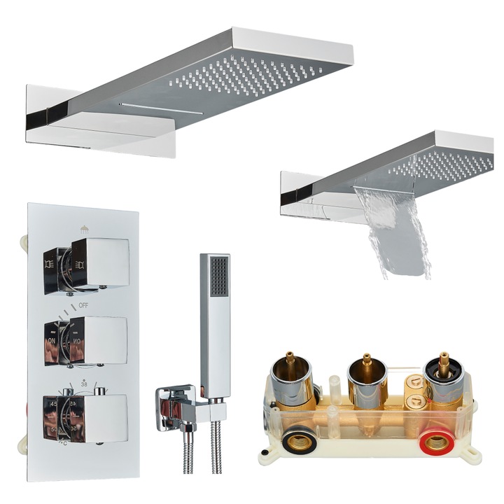 Set de dus cu termostat si box montaj, Ari, crom argintiu, 55x22cm, diverse forme natrysku