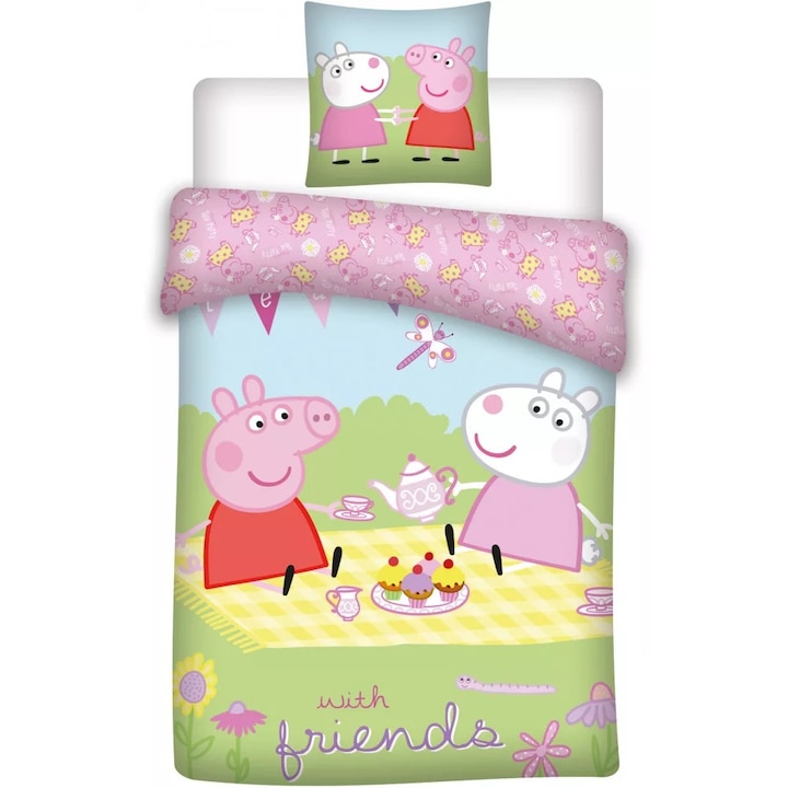Детски спален комплект Peppa Pig, 2 части, Двулицев плик 100х140 см, Калъфка за възглавница 40х45 см, 100% памук, Многоцветен