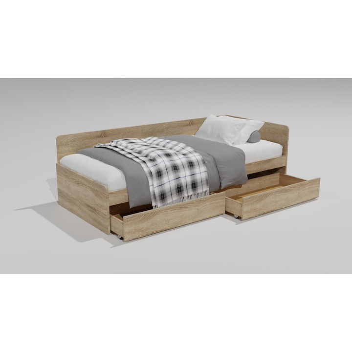 Pat cu sertare Sonata 800, Everest, cadru saltea din PAL, dimensiune saltea 82 x 190 cm, Stejar Sonoma