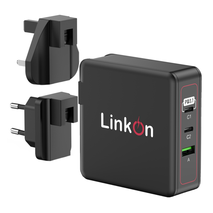Incarcator LinkOn, 140W PD3.1, Pentru Laptopuri, Tablete Si Telefoane, 140W/100W USB-C, 20W QC3.0 USB-A 3-Port, Cip GaN, Compatibil cu MacBook Pro 2021, Negru