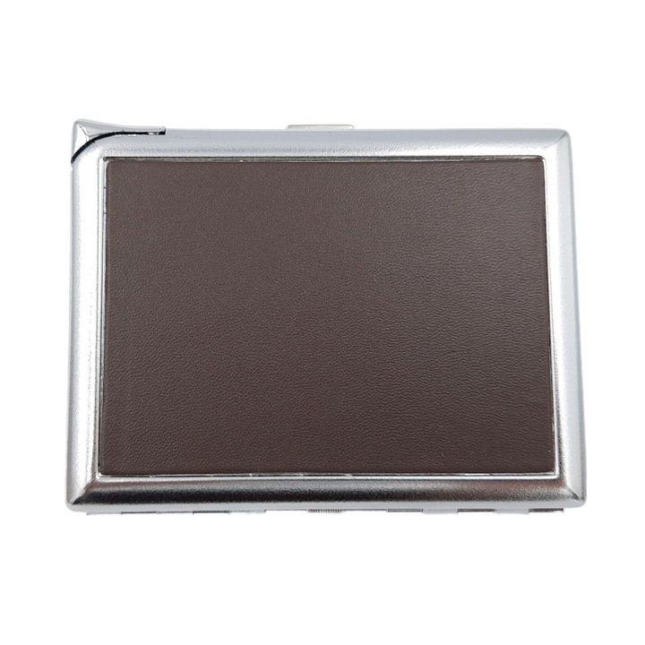 Set tabachera cu bricheta, 10,5x8x1,5 cm, Argintiu/Maro