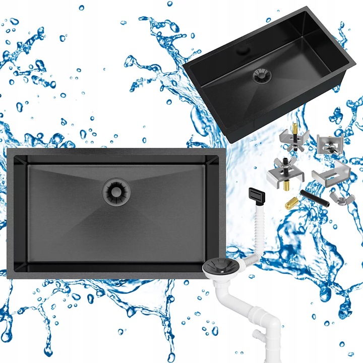 Chiuveta Bucatarie Inox Premium BARI 74 Neagra Cu O Cuva Adanca Montare Sub Blat Sau Pe Blat Sifon Complet Manual Izolatie Fonica Durabila Rezistenta La Zgarieturi Si Soc Termic Design Modern Universal Pentru Dulap De La 80 cm