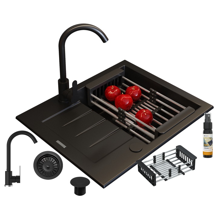 Pachet Complet Chiuveta Bucatarie Granit Granitan Milano cu Baterie Prestige Neagra, Sifon Economisit Spatiu, Suport Telescopic Vase, Capac, Solutie Curatare, Adancime 160mm, 574x470mm, Durabil si Estetic