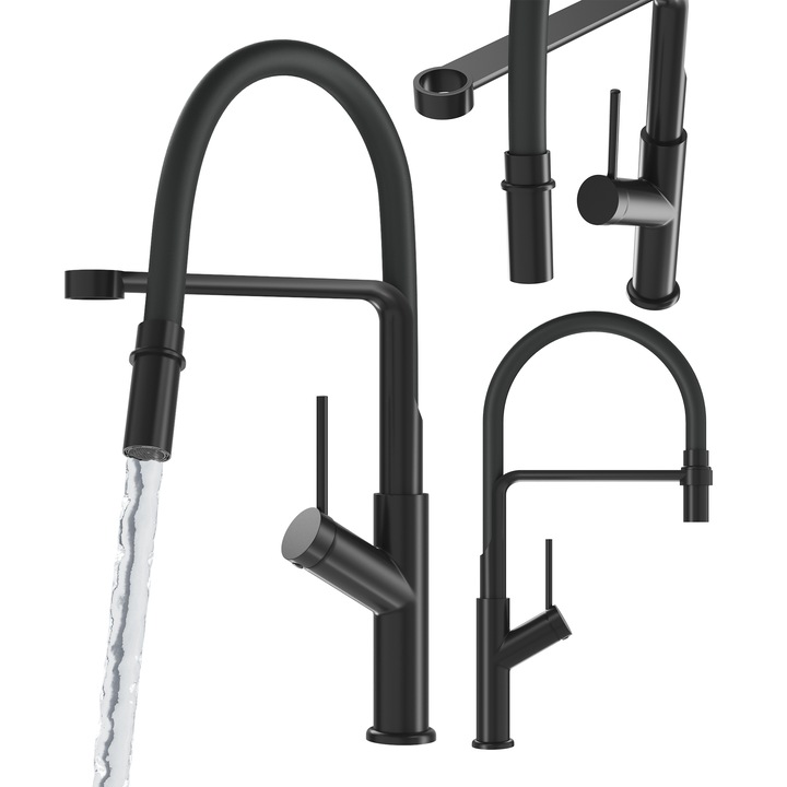 Set baterie de bucatarie cu duza flexibila, Granitan, Vasto, 460 mm x 250 mm, Orificiu de montaj 35 mm, Inaltime baterie 460 mm, Raza duzei de la centrul bateriei 250 mm, Duza flexibila, rotativa 360° si extensibila, Negru