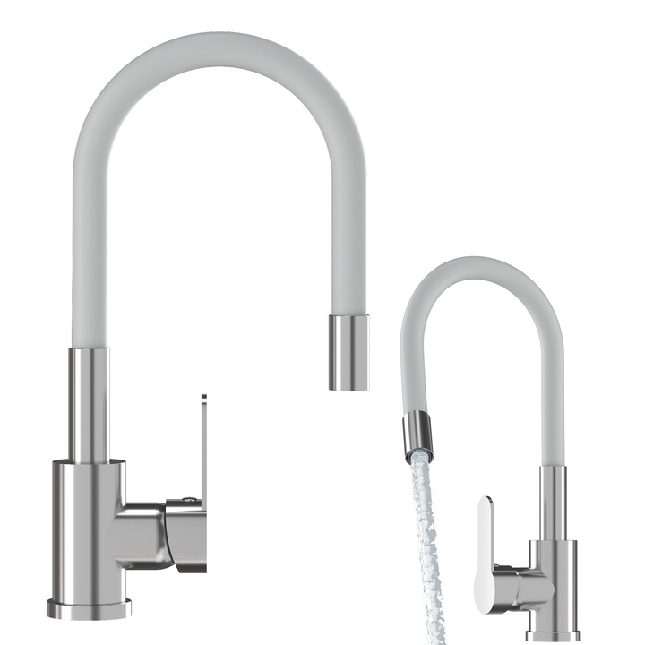 Смесител за кухня с гъвкав чучур, Гранитан, Бял