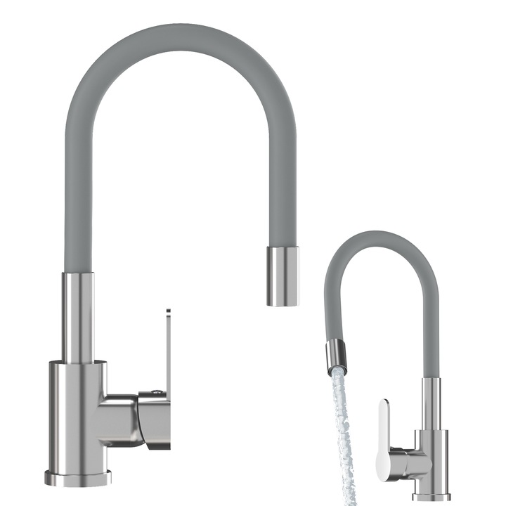 Смесител за кухня с гъвкав чучур, гранитан, сив