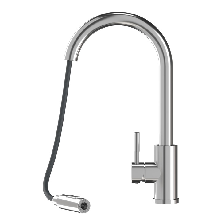 Baterie de bucatarie cu duza retractabila, Granitan, Otel, 39 cm x 18 cm x 24 cm, otel inoxidabil, Cap ceramic, Duza rotativa 360', Doua moduri de flux de apa, Crom, set de montaj + 2 furtunuri