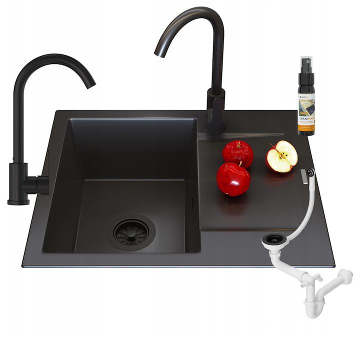 Chiuveta Granit Negru Cuva Unica Picurator Reversibil, Robinet Bucatarie Prestige Pipa Rotativa 360 Grade, Sifon Manual Click-Clack Economisitor Spatiu, Impregnare GraniProtect Inclusa, Solutie Durabila si Eleganta pentru O Bucatarie Modern