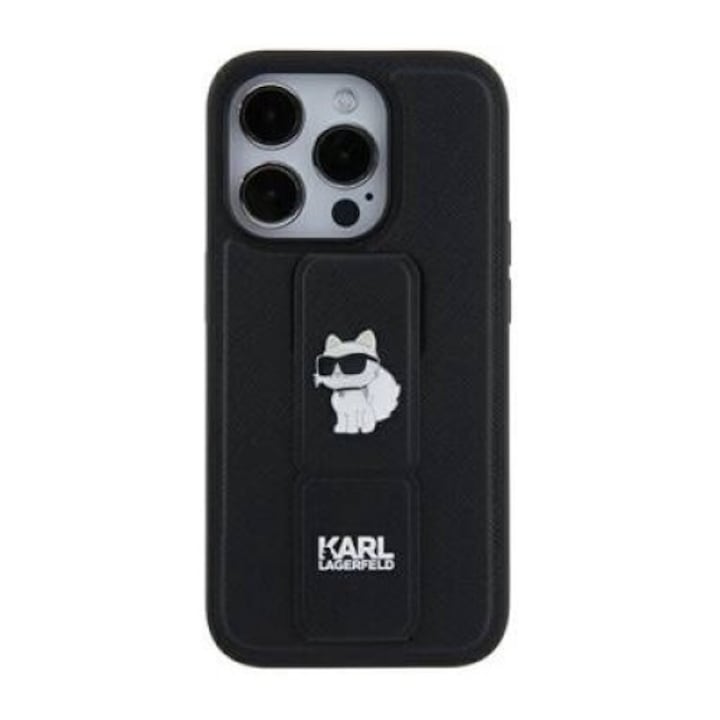 Telefontok, iPhone 11 / Xr 6.1” kompatibilis, Karl Lagerfeld Gripstand Saffiano Choupette Pins, fekete, TPU/PC