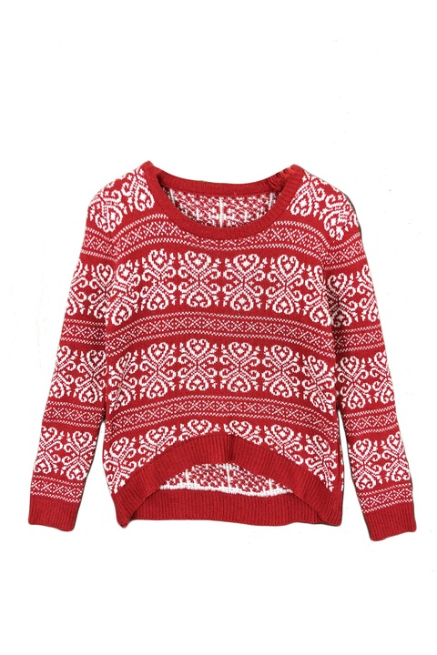 Pulover tricotat pentru femei, JUP, Bumbac, gat rotund, Rosu/Alb, S