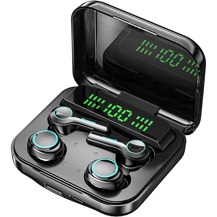 Bluetooth fülhallgató, LED kijelző, Vízálló, Mikrofonnal, Fekete