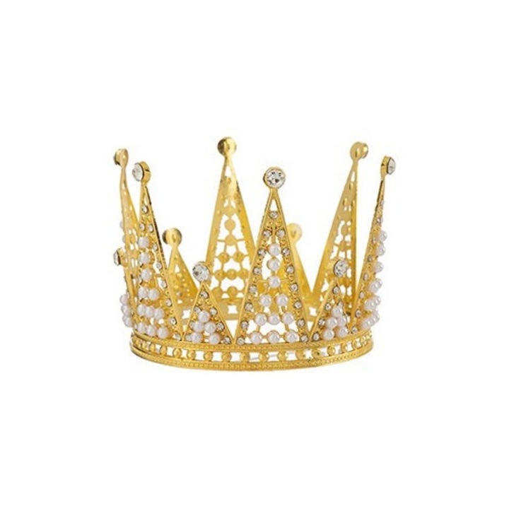 Coronita aurie cu perle si strasuri, VERSAMAG, decoratiune pentru ornat torturi si prajituri, 8.3x10.3 cm