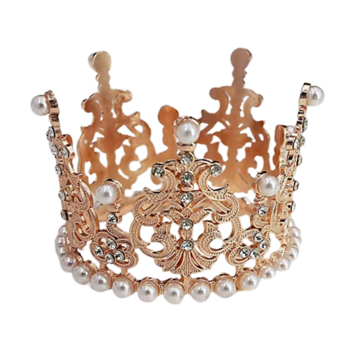 Корона с перли и кристали, VERSAMAG, декорация за украса на торти и сладкиши, 5.5x7.5 см, Rose Glod