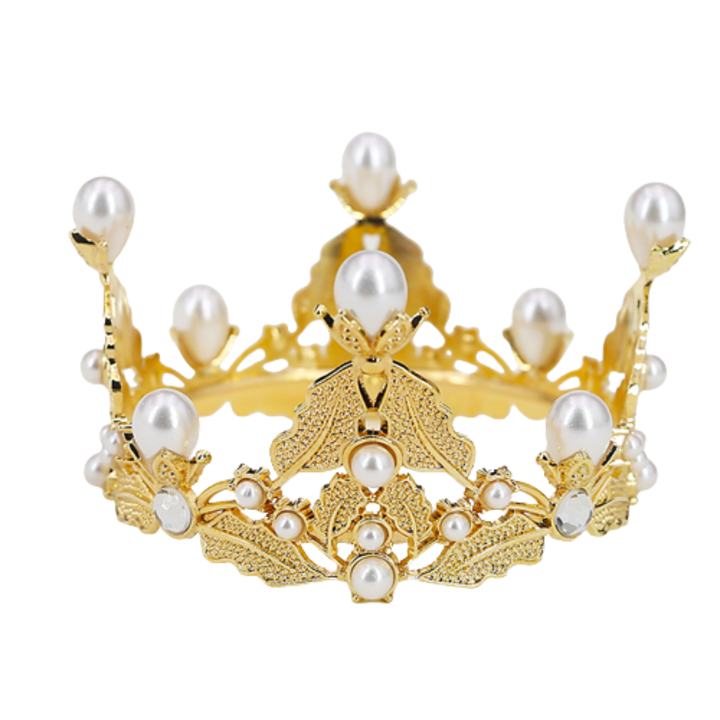 Златна корона с перли, VERSAMAG, украса за торти и аранжировки, 5х8 см