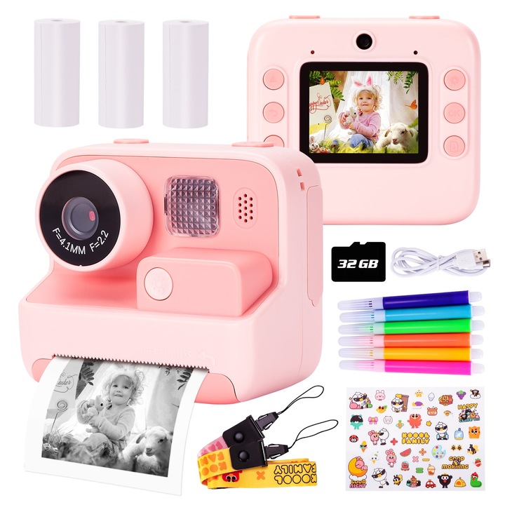 Комплект камера за незабавен печат 48MP WALALLA, с 32GB карта, 3+ години, розова