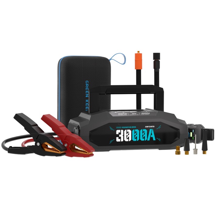 Starter auto portabil cu compresor de aer 3000A, Redresor auto 20000mAh, Robot pornire auto 8 L / 6.5 L, Jump starter booster Portabil 12V, Baterie Pornire Auto, Negru, GREEN KEEPER
