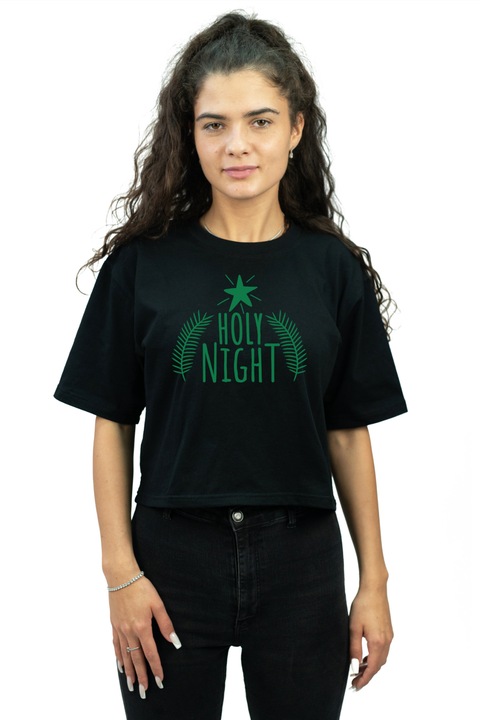 Tricou cropped pentru femei personalizat cu imagine christmas holy night, Bumbac, Negru, XL