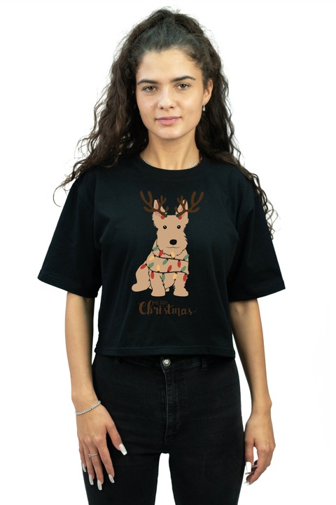 Tricou cropped pentru femei personalizat cu imagine scottish terrier de craciun, Bumbac, Negru, 2XL