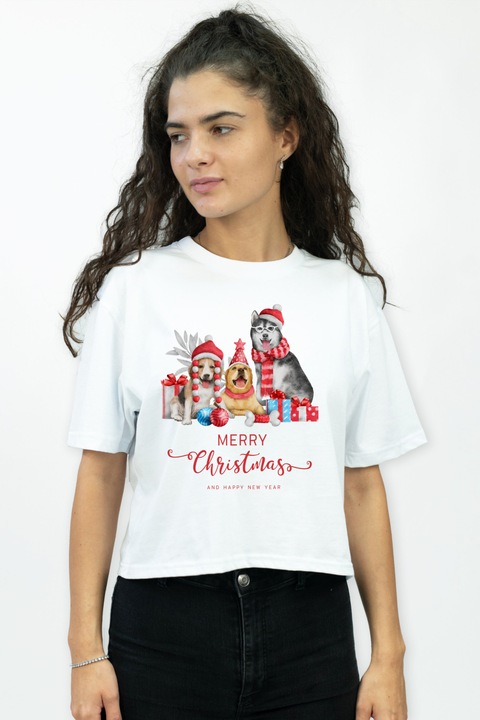Tricou cropped pentru femei personalizat cu imagine sarbatori fericite cu catei, Bumbac, Alb, XS