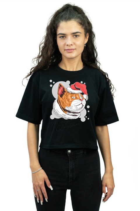 Tricou cropped pentru femei personalizat cu imagine merry christmas santa cat, Bumbac, Negru, M