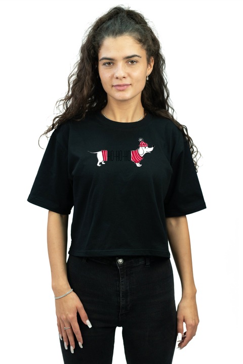 Tricou cropped pentru femei personalizat cu imagine ho ho ho dachshund de craciun, Bumbac, Negru, XS