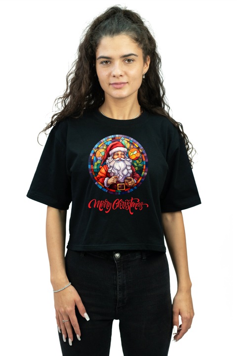 Tricou cropped pentru femei personalizat cu imagine iconic santa claus, Bumbac, Negru, M