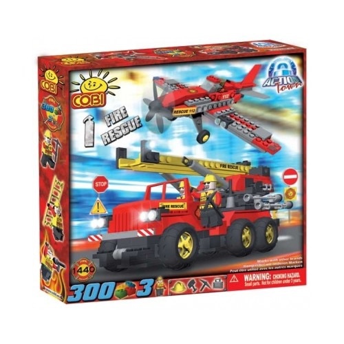 Set de construit Cobi masina si avion de pompieri, 300 piese