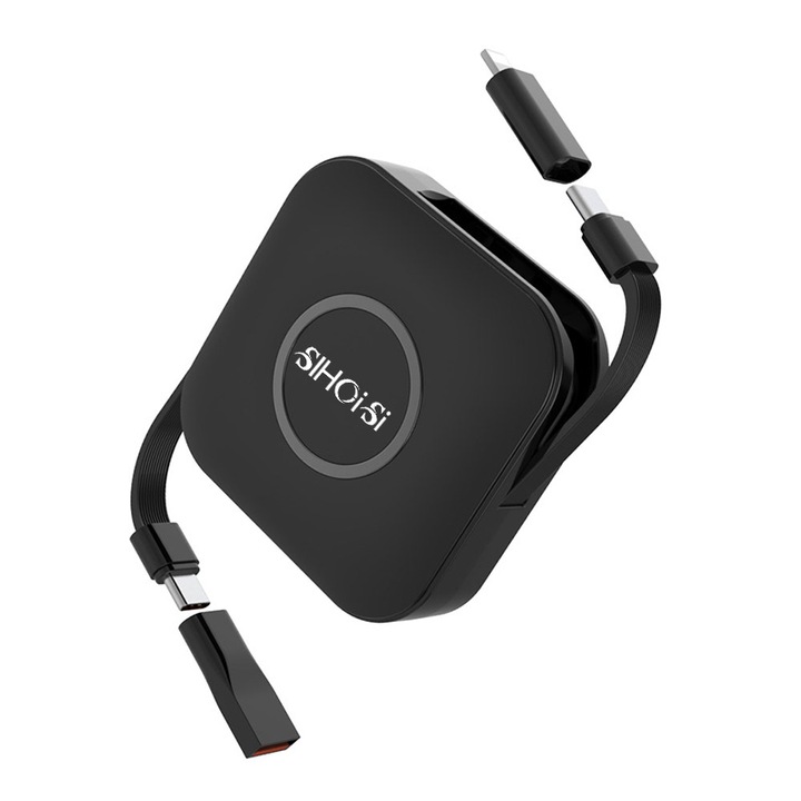 Cablu de date retractabil 6-in-1 de incarcare rapida, SIHOiSi, Tip - c/USB/Apple, 60W, Negru