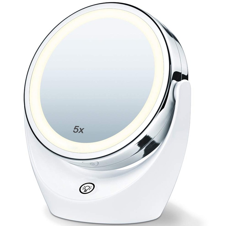 Oglinda cosmetica cu LED pentru machiaj, BYONDSELF®, Marire 5X/1X, 3 Niveluri de luminozitate, Rotatie 360°, Alimentata cu baterie, Alb