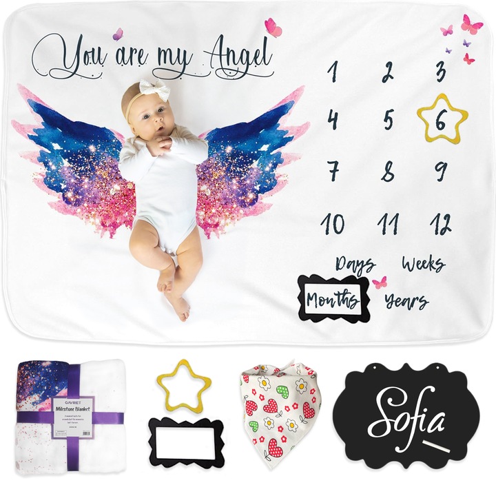 Patura Pufoasa Milestone Gavriet™ Pentru Aniversari Bebelusi, 100x150 cm, Material Catifelat, Fin si Pufos din Flanel, Baveta, Tabla si Creta Pentru Nume, Chenare Selectare Varsta, Aripi Inger
