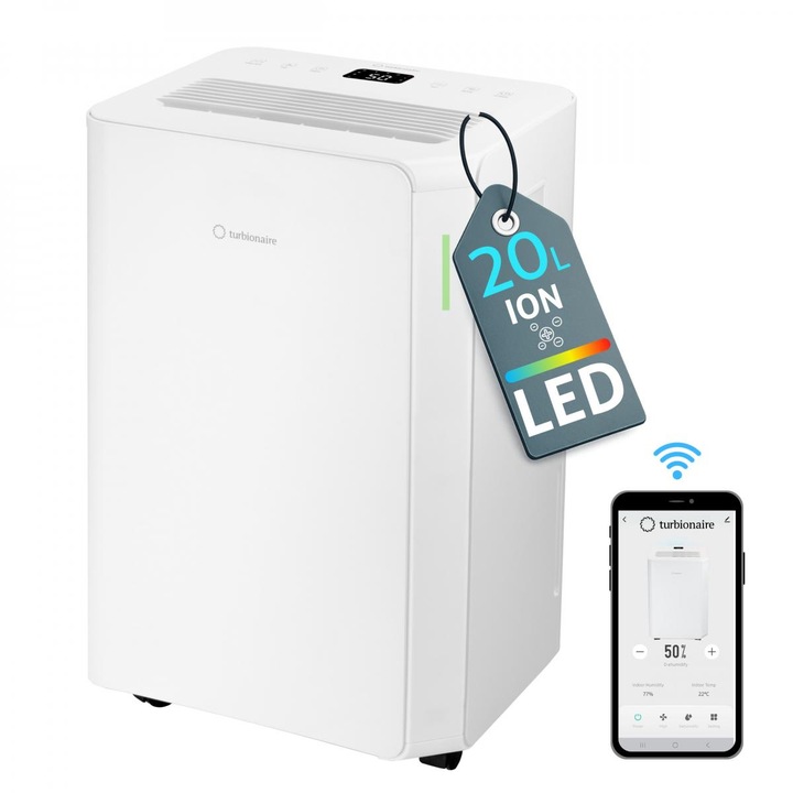 Dezumidificator Turbionaire REVI 20 WIFI ION, 20 l/24h, WIFI, Ionizare, Silentios 41 dB, Rezervor 4.5l, Control digital, Indicator luminos LED umiditate, Timer, Display LCD