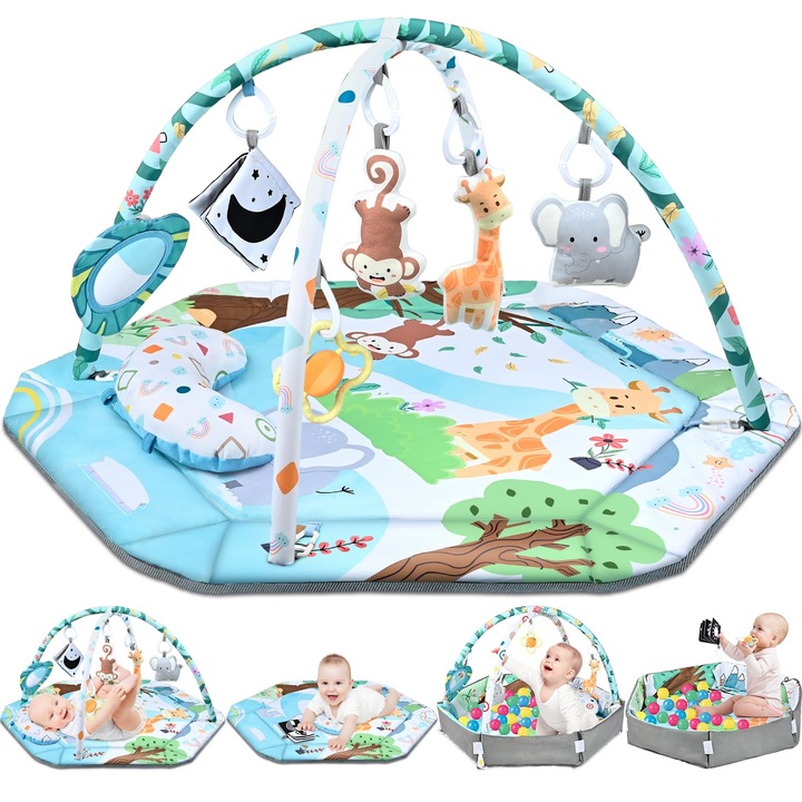 Подложка за игра YANX 3 в 1, Матрак за деца / Бебета със звуци, 5 интерактивни играчки, Мек килим, Мултифункционален, 100x110 см, Многоцветен