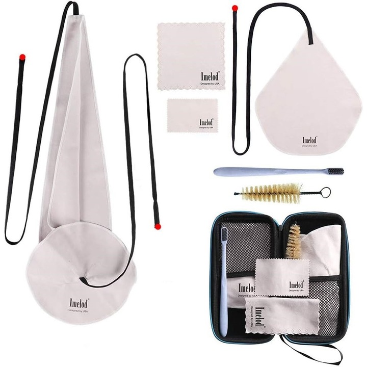 Kit curatare pentru saxofon, 4 x lavete, 2 x tampone, 2 x perii pentru mustiuc, pentru clarinet tenor alto si alte structuri de suflat, cu geanta de depozitare si transport
