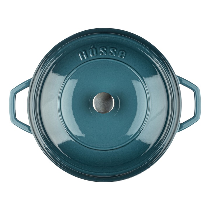 Oala fonta emailata, Hosse, cu capac, 28 cm, albastru, ingusta