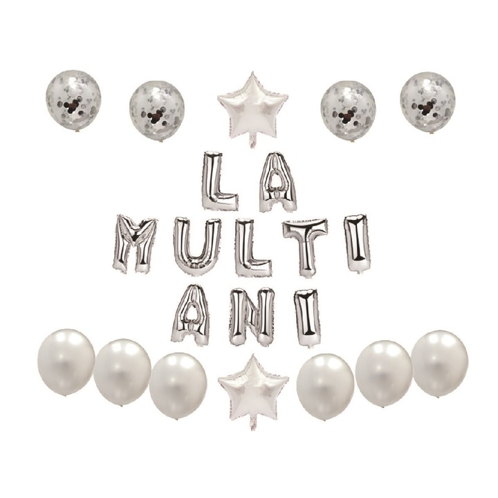 Set 22 baloane party, folie metalizata argintiu, paiete argintii, TZ5269, la multi ani, 45x30x25 cm