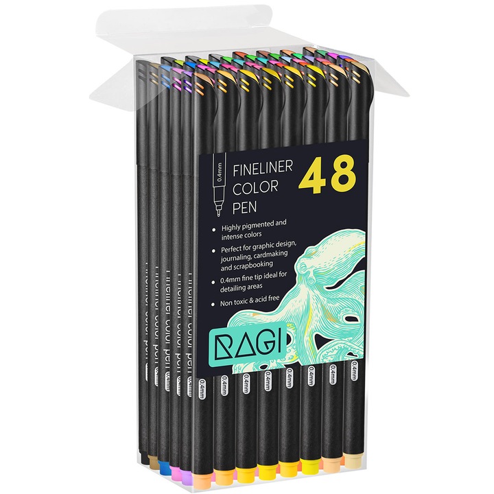 Set 48 finelinere colorate RAGI, 0.4 mm, 48 culori