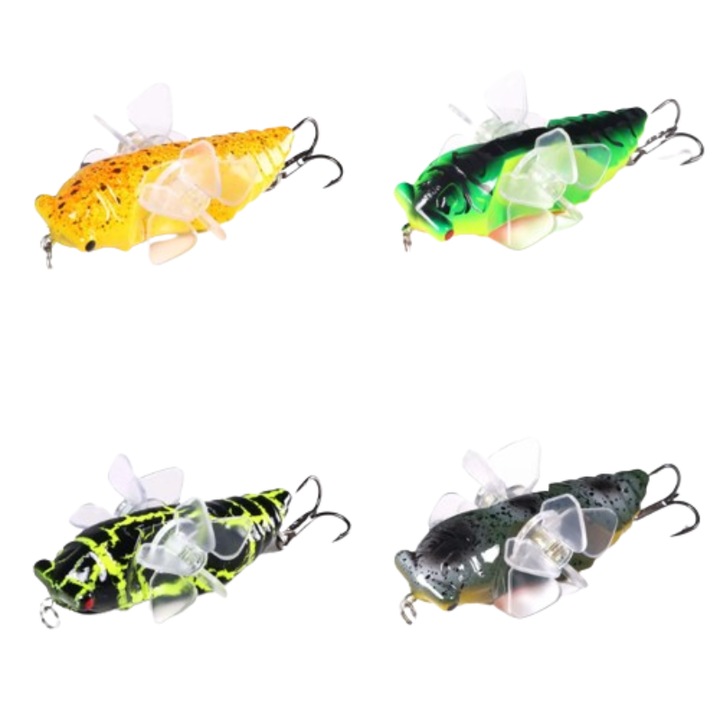 Set 4 insecte cicada 7.8cm 15.4 grame cu duble palete rotative ce atrag pestii rapitori, FISHINGBOX MAKE FISHING BETTER