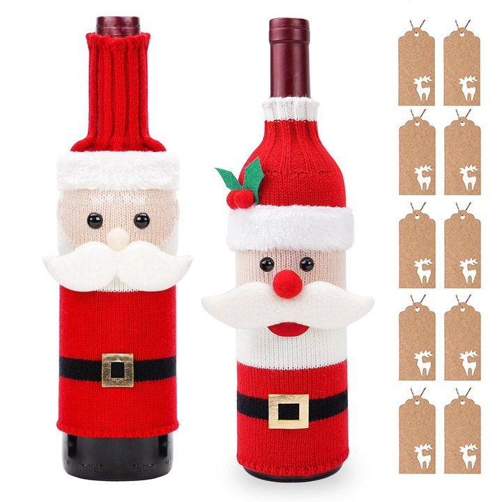 Set 2 decoratiuni sticle de vin cu 10 etichete, Kaxyrooz, Poliester, 28x10cm, rosu