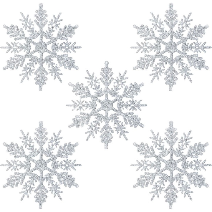 5 db-os díszkészlet, hópelyhek, karácsonyfára, 10 cm, Ezüst