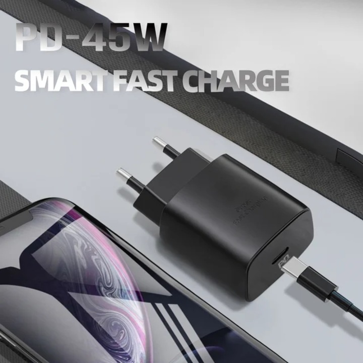 Incarcator telefon Fast Charge 45W Tip C cu cablu de date inclus, compatibil cu Huawei, Xiaomi, Oppo, Samsung, IPad, tableta, negru