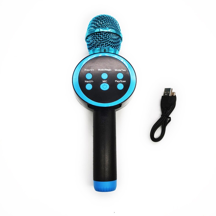 Microfon Karaoke Wireless cu MP3, cu acumulator si boxa incorporabila, USB drive, TFcard, 24cm, Albastru, VisionXXI