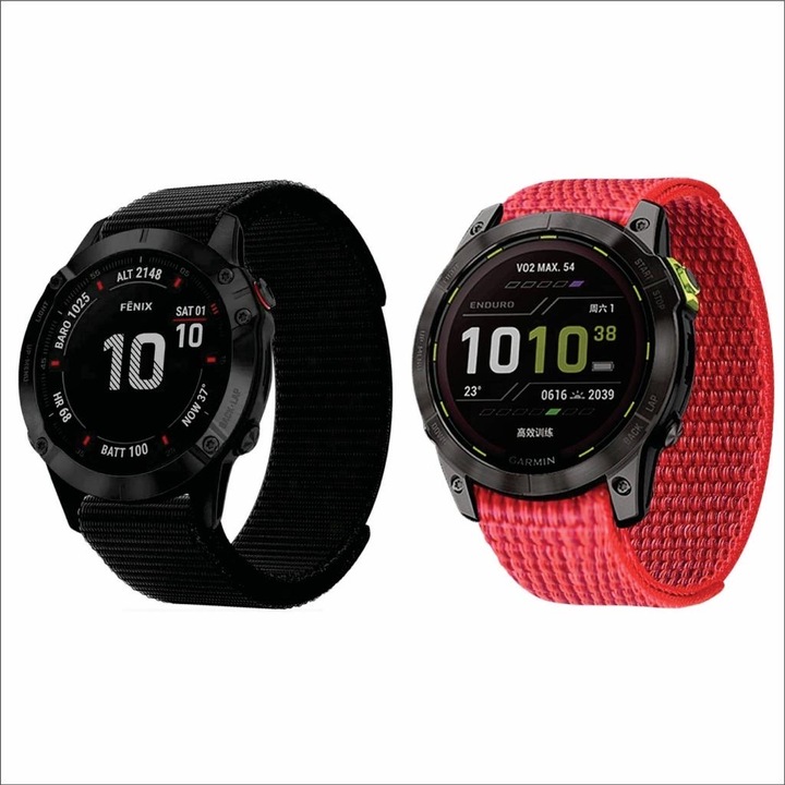 Комплект от 2 универсални найлонови каишки за смарт часовник, също съвместими с Garmin Fenix 5 5Plus 6 6Pro 7 7Pro, Epix Descent G1, Forerunner 965 955 945 935, Approach S62 S60, Tactic Bravo Quatix5, ширина 22 мм, Черен/червен